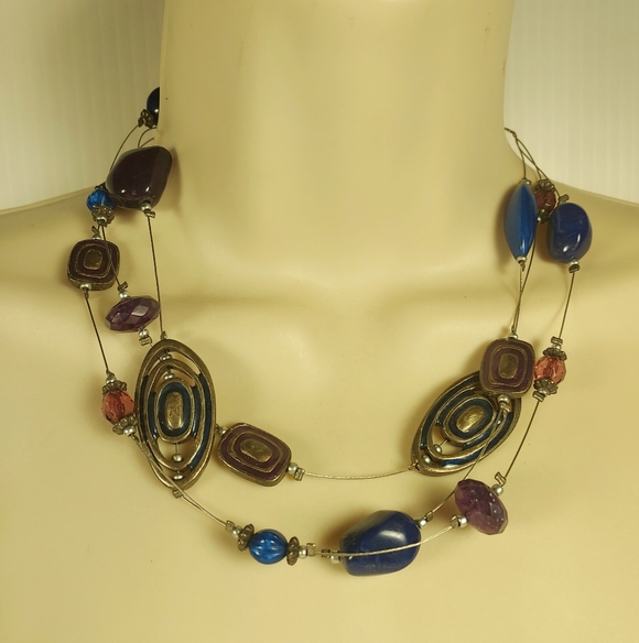 Chico's Jewelry - Chico's Navy Blue and Silver Wire Multi-Layer Necklace Stone Glass Boho Style